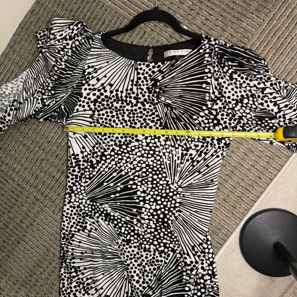 Trina Turk Black and White Polka Dot Stripe Geo Abstract Dress Flowy Sleeves - Picture 3 of 5